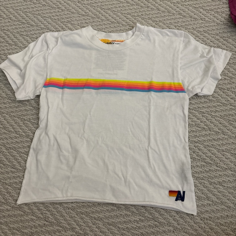 Aviator Nation White Tee with Rainbow Stripe